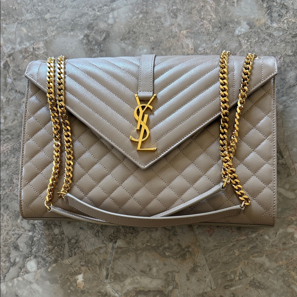 (New)Yves Saint Laurent Taupe Quilted Large Envelope Shoulder Bag